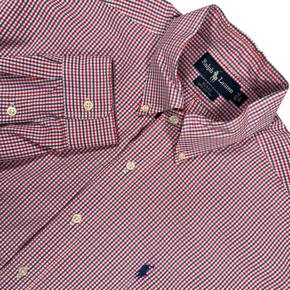 Vintage 90s Ralph Lauren Blake Shirt Mens L Red White Blue Check Hong Kong